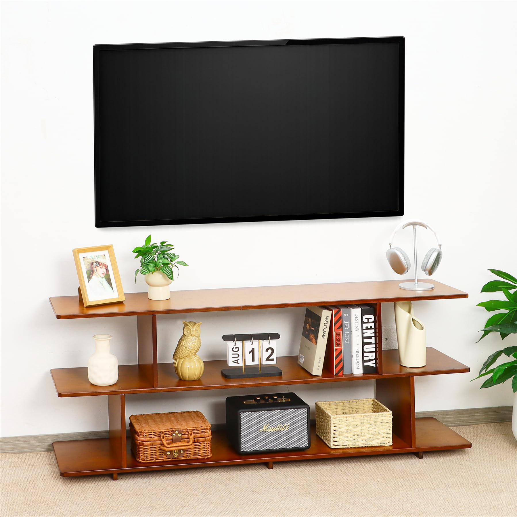 Mordchil HF Bamboo TV Stand for TVs up to 65", 3 Tier Accent Entertainment Center with Storage Shelf, Modern Media TV Console Table for Living Room, Bedroom, 55"(L), Walnut