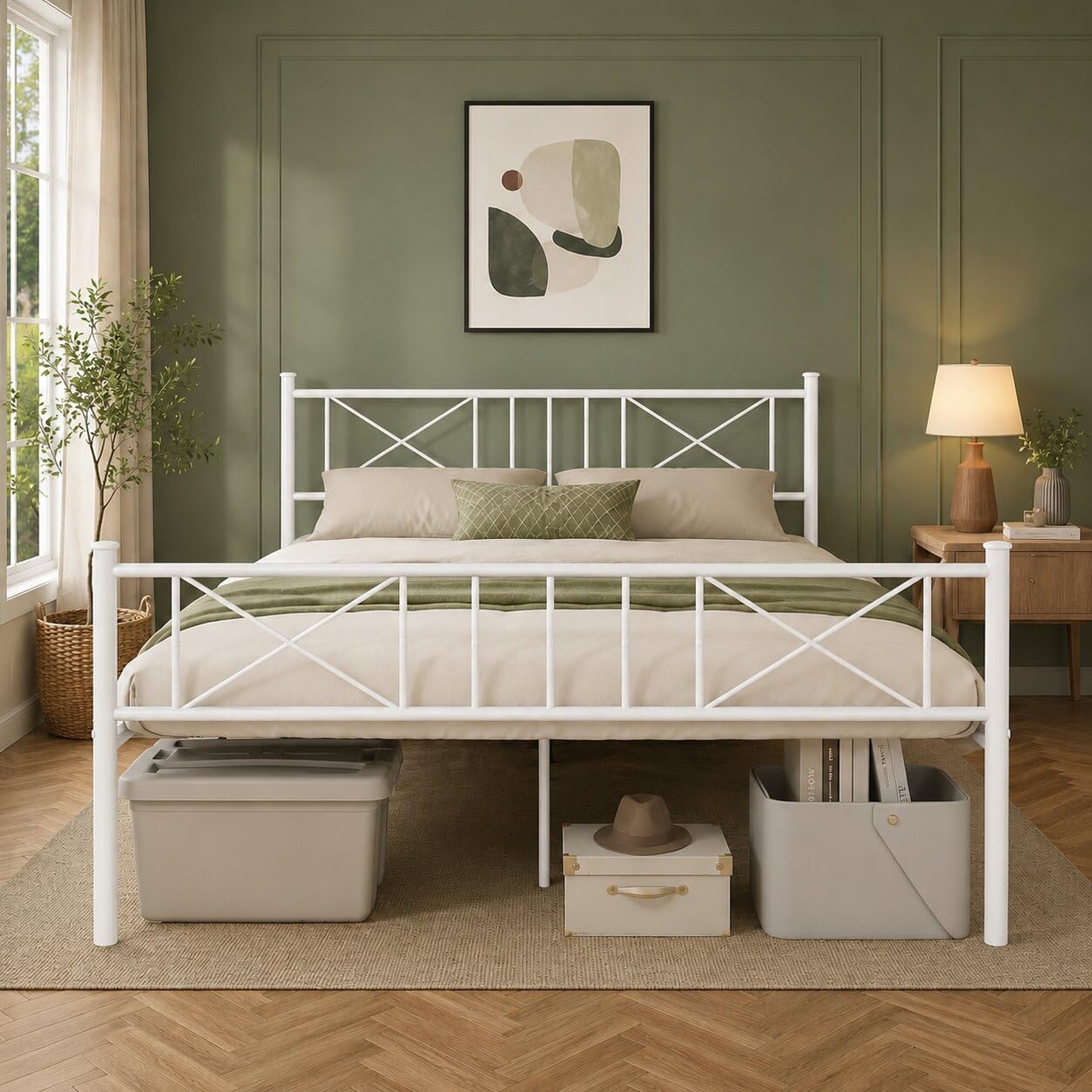 Queen Size Bed Frame-Classic Metal Platform Bed Frame,Mattress Foundation with Steel Slat Support,Under Foundation Storage,No Box Spring Needed, Easy Assembly (White)-image-25