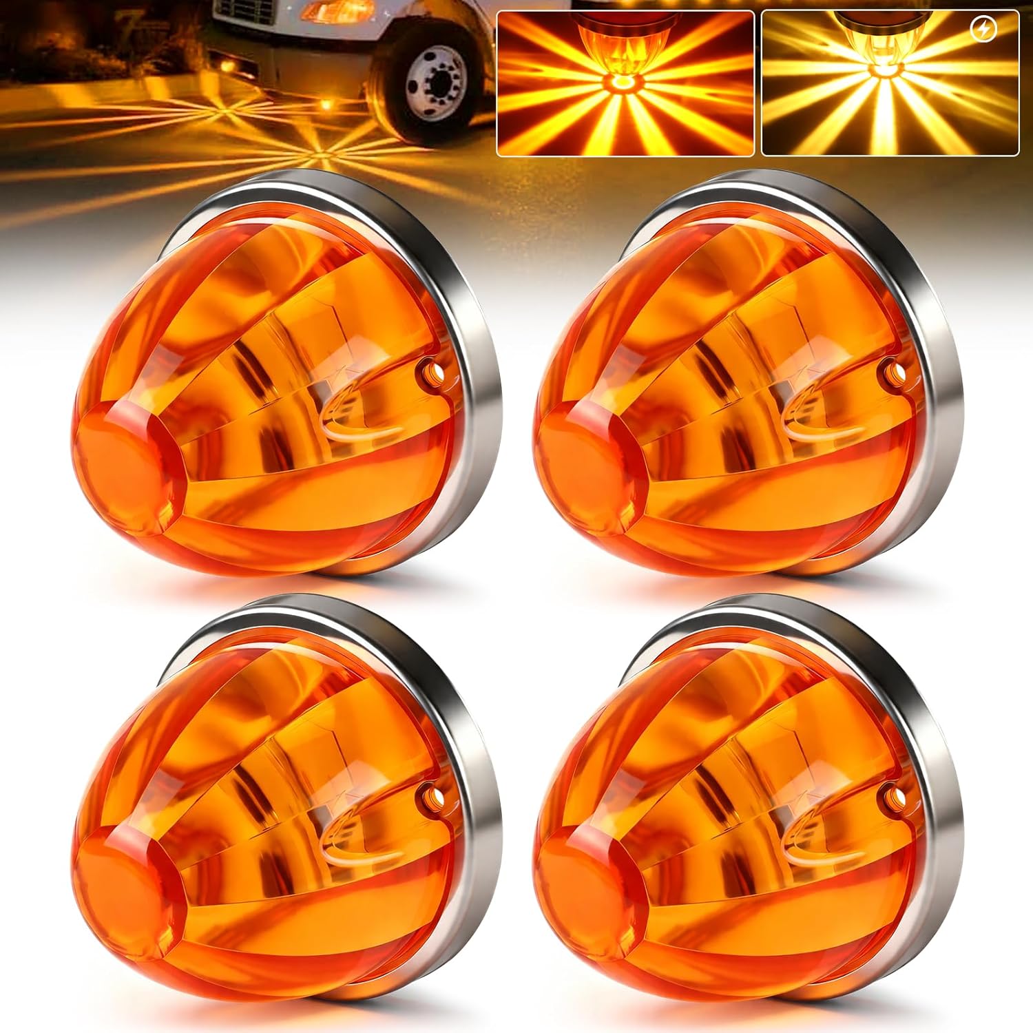 4PCS Amber Watermelon Lights, Strobe & Constant Dual-Function Watermelon Lights for Semi Truck, Waterproof Amber LED Marker with Bezel Replacement for Kenworth Peterbilt Freightliner Trucks