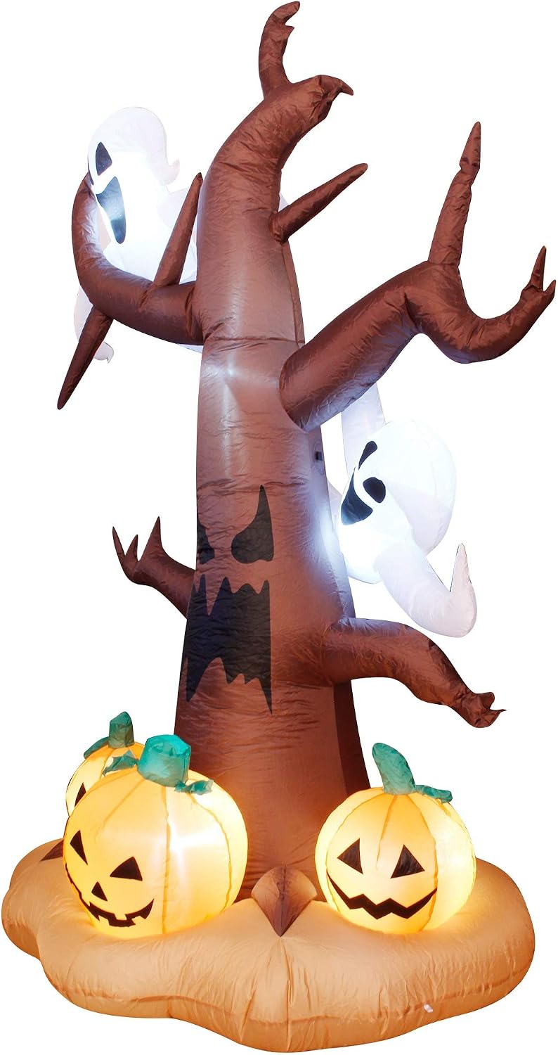 DR.DUDU 8 Ft Halloween Inflatable Ghost Tree with Pumpkins, Blow up Lighted Ghost Tree with LED Lights for Yard Party Shopping Mall and Inflatable Halloween Decorations Outdoor (8 ft)