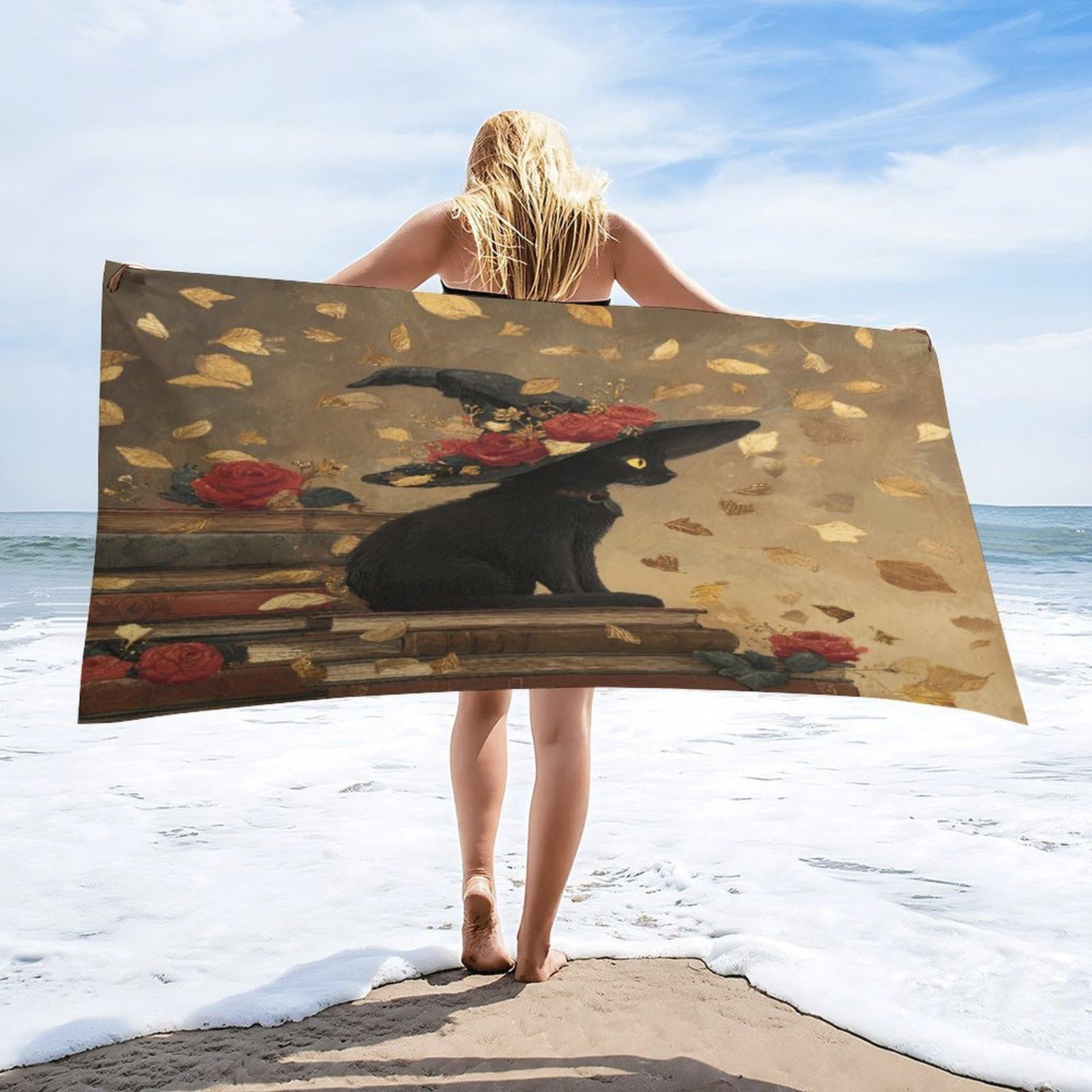 Luyysky Vintage Realistic Black Kitten Quick-Drying Beach Towel, Gothic Abstract Animal Kitten Red Rose Flowers Ginkgo Leaves Book Travel Vacation Single Sided Pile Bathroom Towels-80"W Cm X 160"L Cm