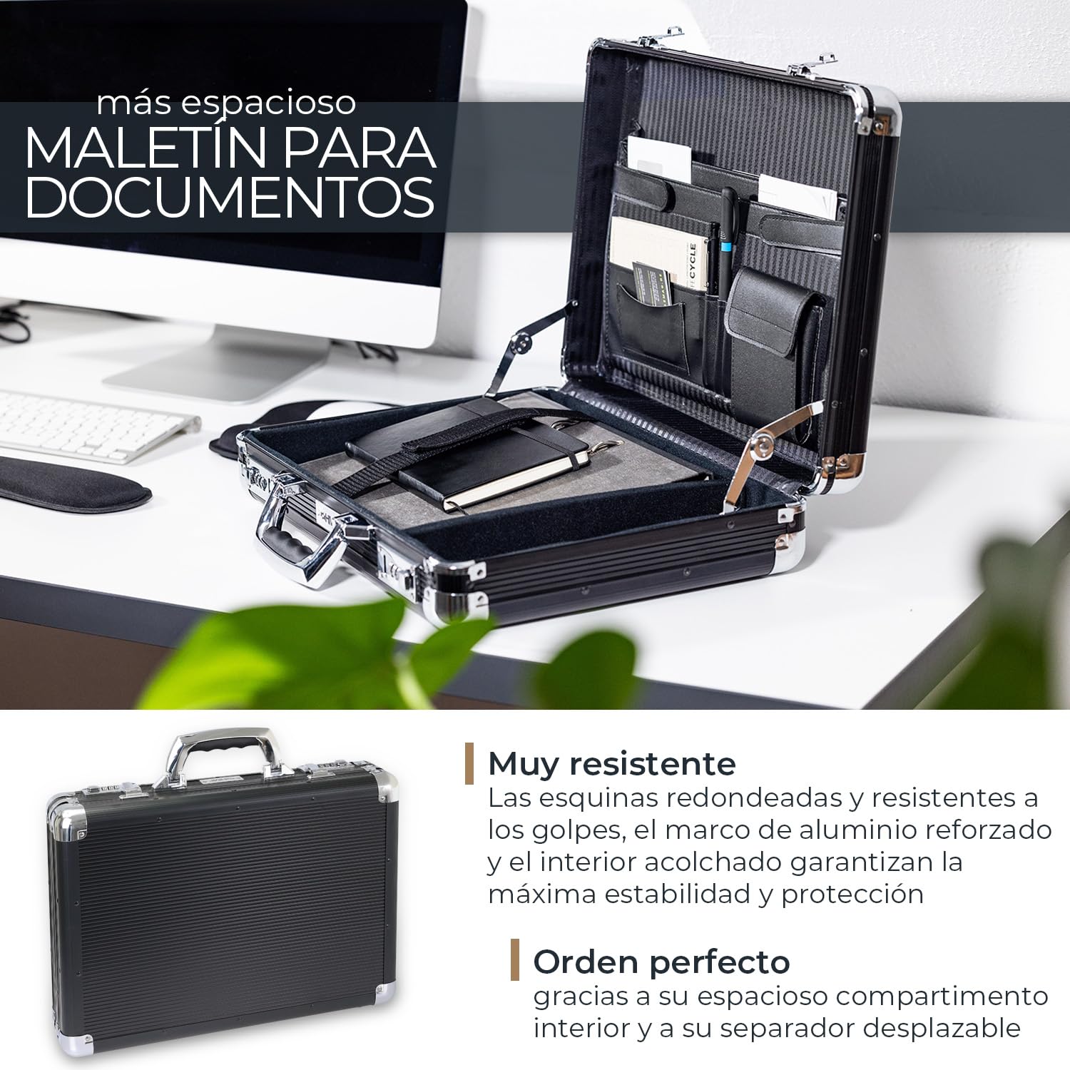 HMF Maletín de aluminio para portátil hasta 17,3 pulgadas, Maletín de negocios con cerradura de combinación, compartimento acolchado y organizador | 45 x 33 x 11 cm | Negro