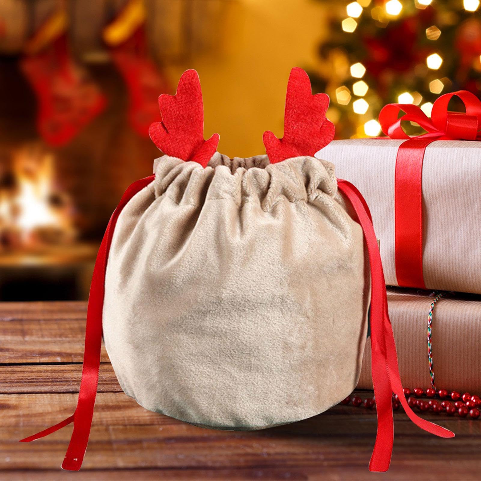 Sac à Cordon Cadeau Noel En Tissu, Set De Sacs Cadeaux De Noël Et Étiquettes, Sac D'Emballage Tissus Bonbon Chocolat Reutilisable Surprise Anniversaire Fenetre Decoration 6pc