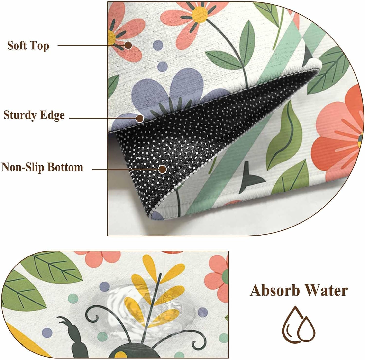 Flowers Bee Round Rug 3ft Washable Circle Entryway Rugs Non Slip Retro Country Botanical Floral Plants Dots Area Rug Indoor Floor Carpet for Bedroom Kitchen Living Room Home Office Dining Room Nursery