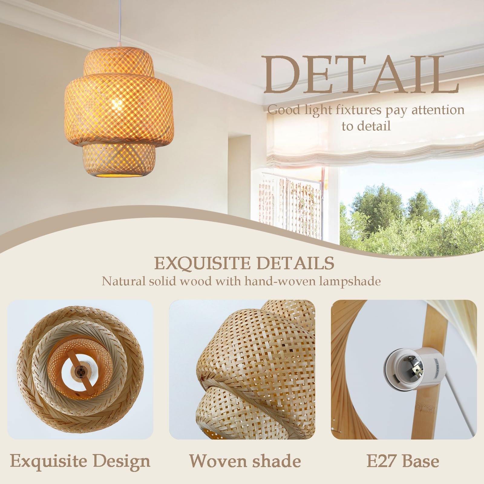Boho Lampara De Techo,Bambu 30Cm Lamparas Techo Tejido A Mano Altura Ajustable Lamp E27 Lamparas De Techo Salon Para Cocina Comedor Mesa CafeteríA