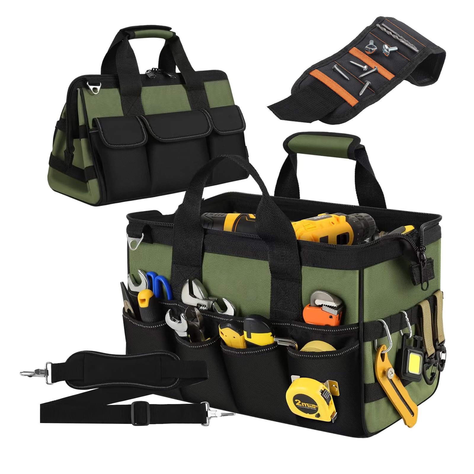 Tool Bag,15-Inch Heavy Duty Storage Bag with 28-Pocket,Wide Mouth Tool Tote with Soft Handle and Adjustable Shoulder Strap,Tool Organizer Gift for Repairman,Electrician,Carpenter,Handyman
