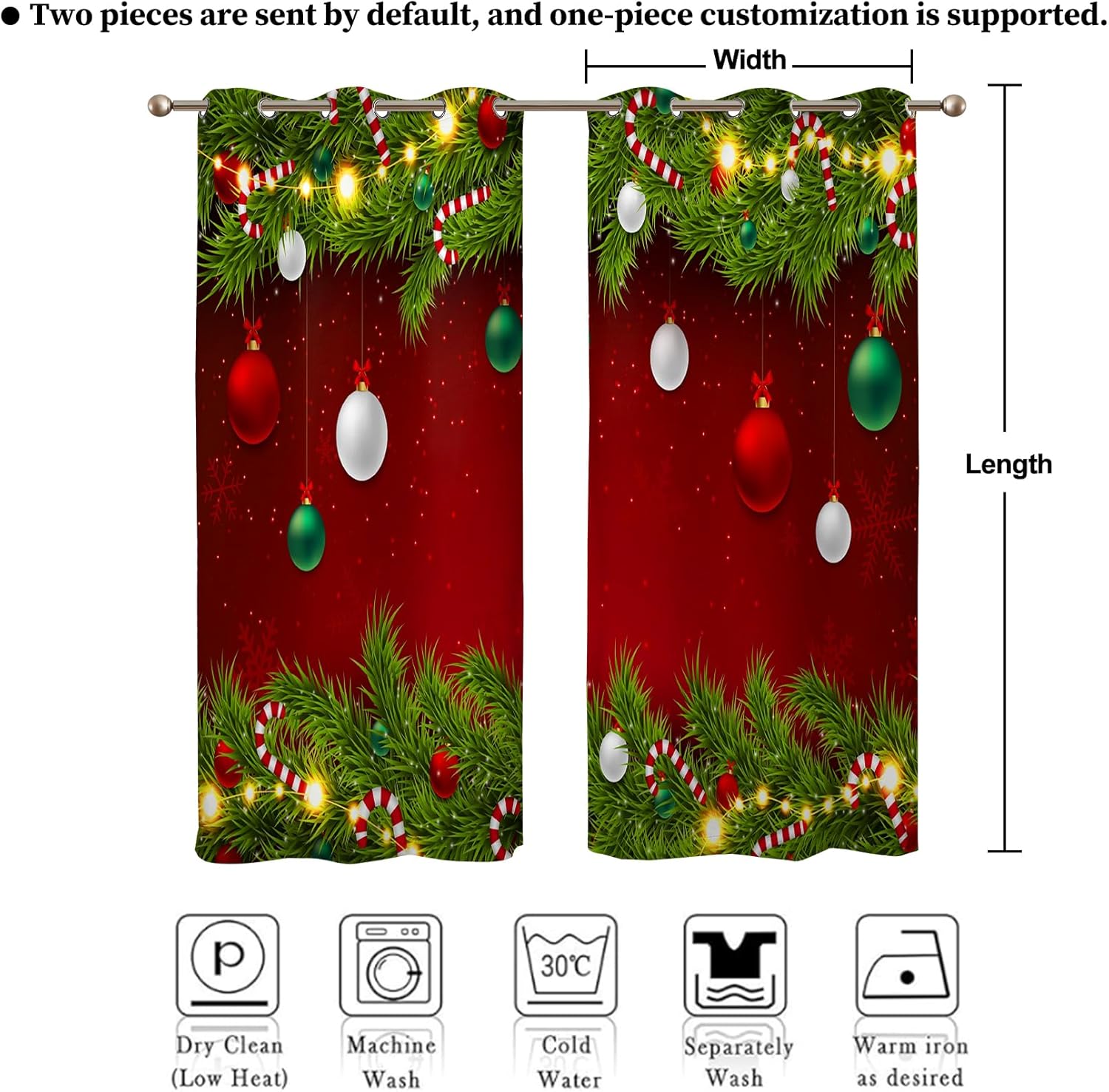 Renaiss Christmas Red Blackout Curtains Pine Branches Christmas Ornamental Balls Bedroom Window Curtains Grommet Thermal Insulated Window Drapes for Living Room 42Wx63L inches 2 Panels Set