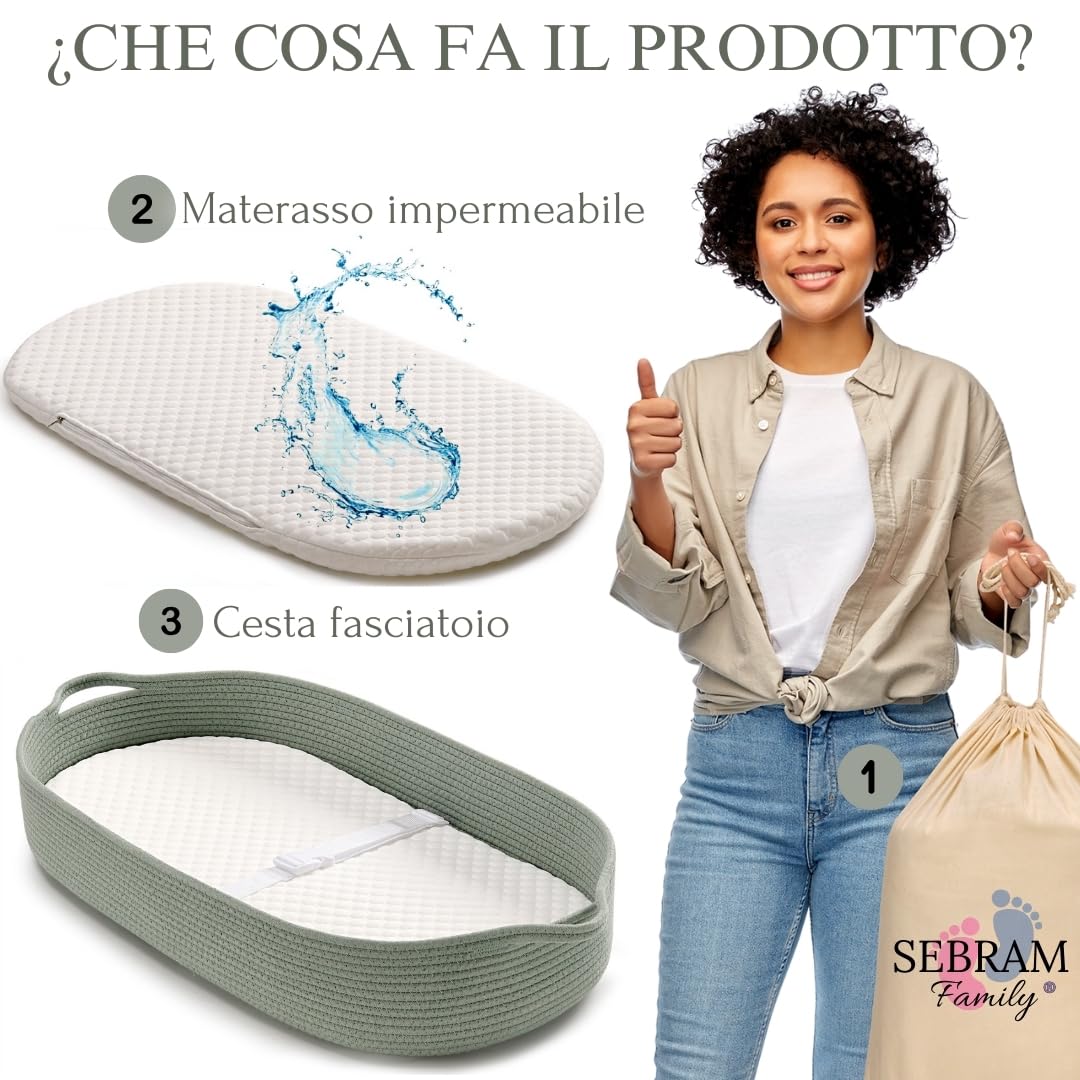 Cesta Fasciatoio per Neonati – Cestino Portatile con Materasso Impermeabile – Fasciatoio da Tavolo o da Viaggio – Moses Cestino per Comò – Design Verde Decorazione Stanza Bambino (Verde)