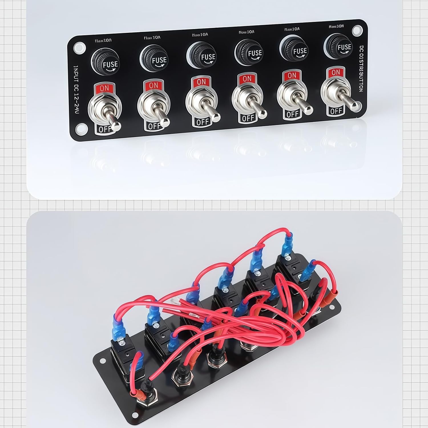 6-Gang Toggle Switch Panel Kit - Waterproof 12V/24V DC ON-Off SPST Multi-Switch Controller with 10A Fuse - Marine Grade Metal Toggle Switch for Car, RV, Boat, Truck & Off-Road Jeep
