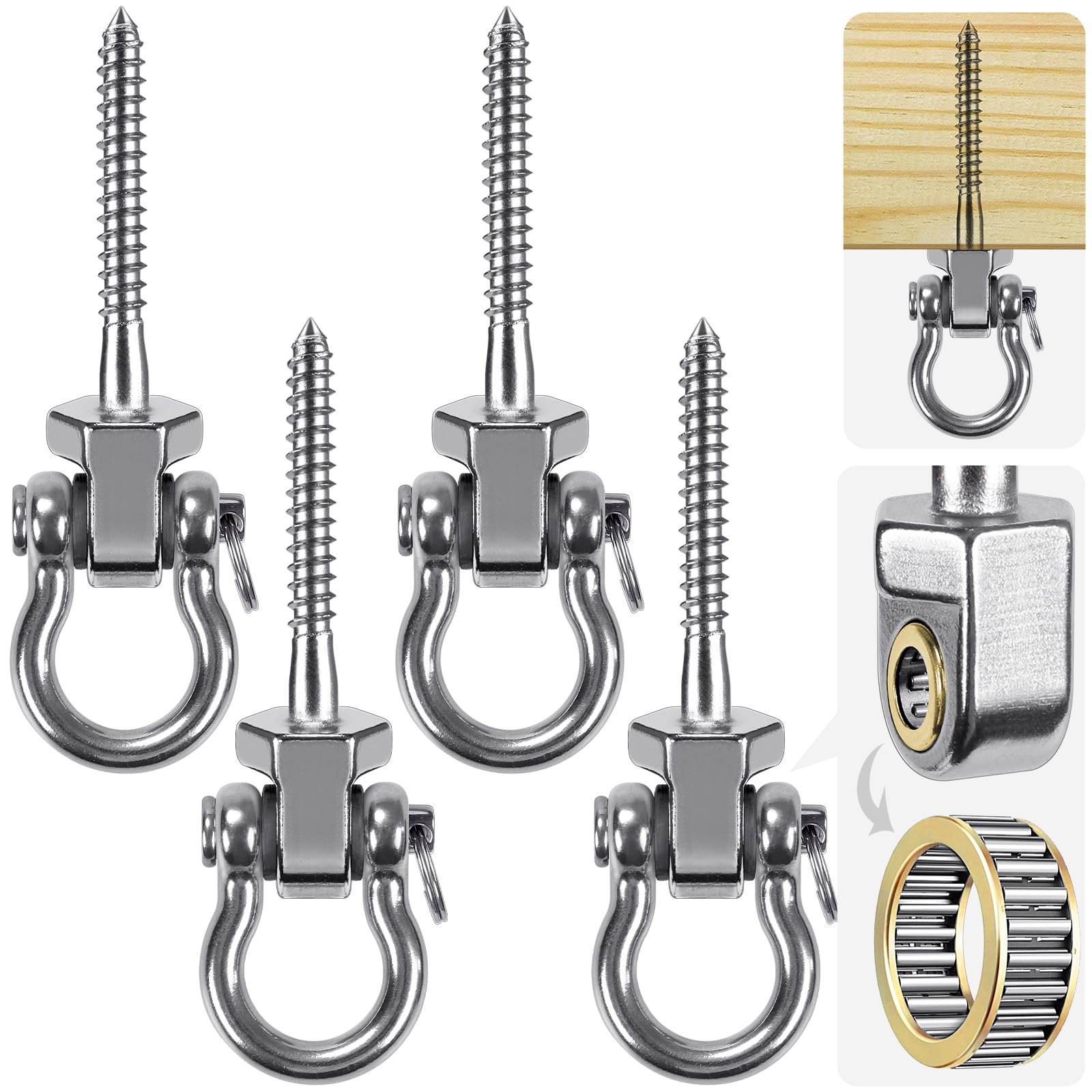 SELEWARE Cintres de balançoire robustes avec roulements, lot de 4 - Matériel de balançoire de terrasse en acier inoxydable pour patio et aire de jeux, crochets pivotants silencieux - Matériel de