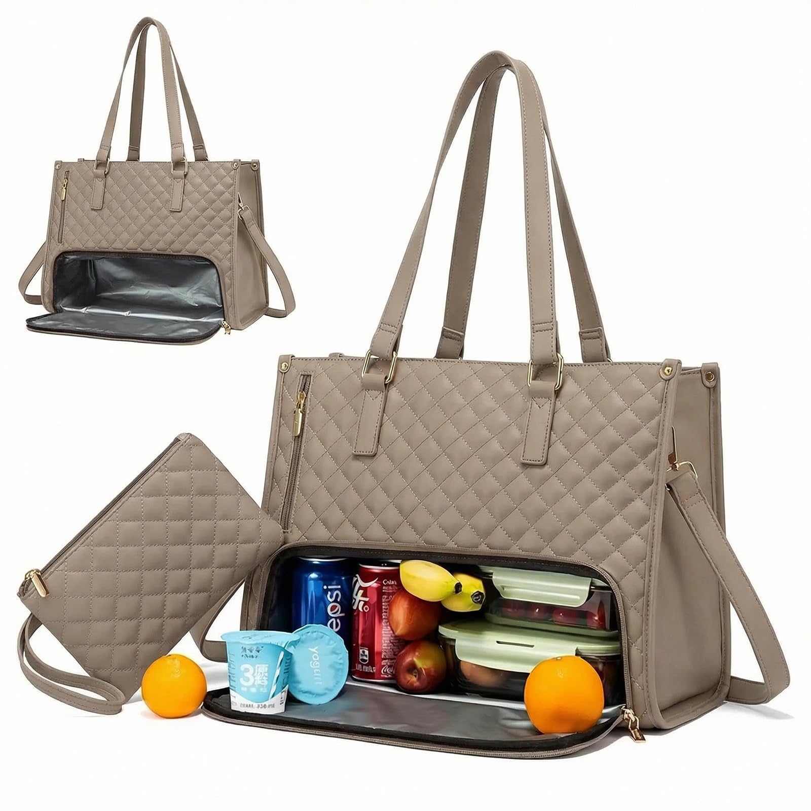 WORLUDE 2 in 1 Tote Bag Lunch Bag Combo - Lunch Tote Bags with Insulated Lunch & Laptop Compartment, Leakproof Tote Bags with Crossbody and Shoulder Strap Options for Travel, Office, College (Khaki)