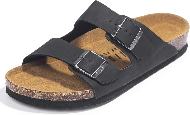 Sandalias para hombre FITORY, diapositivas con soporte para el arco, hebillas ajustables, plantilla de corcho | Plantilla de cuero genuino,Antideslizante,Puntera abierta,Correas dobles,Casual,Cómodo,Interior y exterior,Playa,Verano,Vacaciones