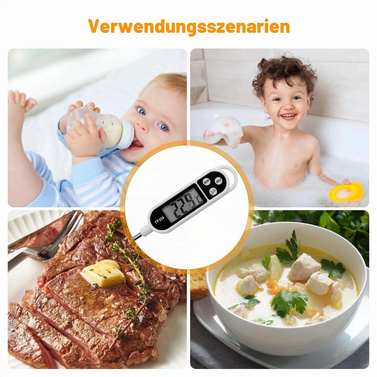 Fleischthermometer Bratenthermometer Grillthermometer Küchenthermometer Digital Thermometer mit 3s Sofortiges Auslesen für Küche, Kochen, BBQ - Weiß