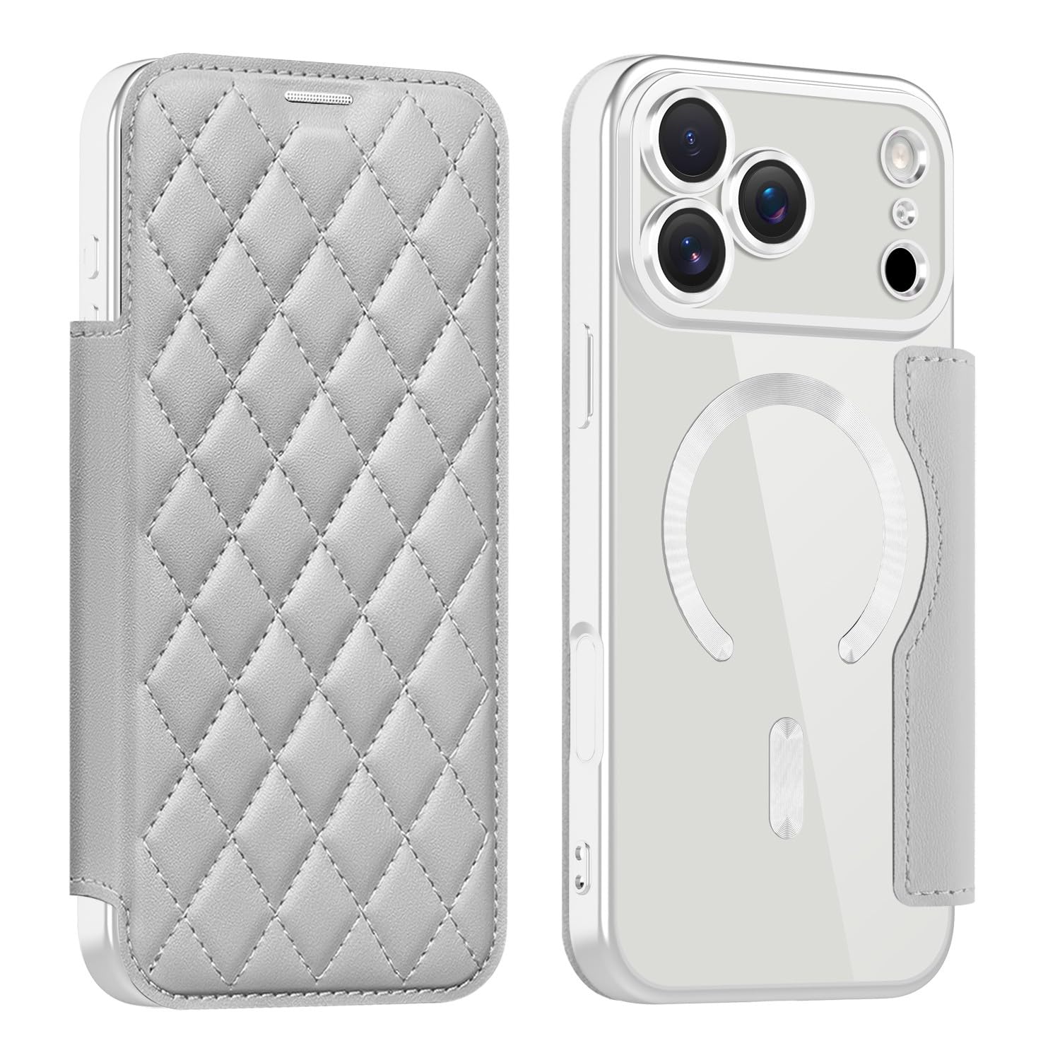 Étui en cuir gris pour iPhone 17 Pro avec clapet transparent aimanté