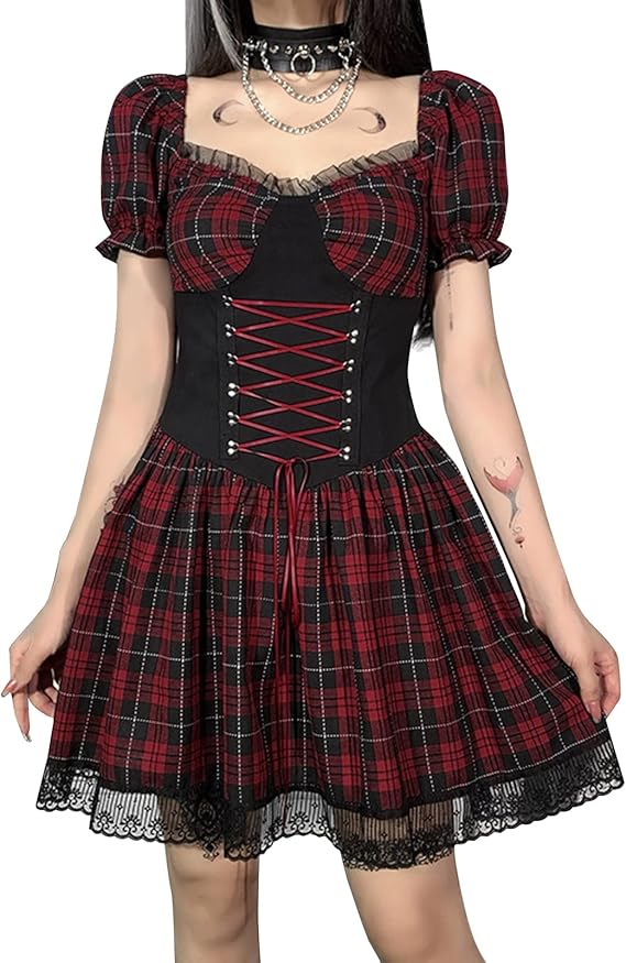 Amazon Co Jp ワンピース レディース 春 夏 服 きれいめ 半袖 赤 チェック柄 コルセット風 量産型 膝上丈 おしゃれ バブルスリーブ 大きいサイズ シンプル ゴシック カジュアル 着痩せ 裾aライン かわいい ブラック レッド ファッション