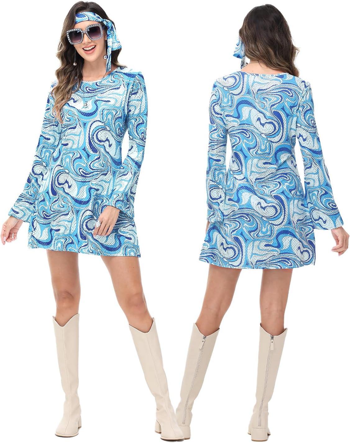 70s Outfits for Women, 7pcs Disco Dress Necklace Earrings Sunglass Bracelets Ring Disco Party Supplies - Image 2