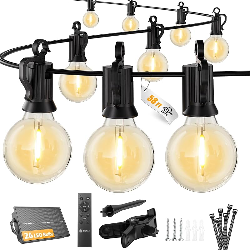 Brightown Cadena de luces solares de 58 pies y 26 LED para exteriores con control remoto y puerto USB | Bombillas inastillables, regulables y programables, 3 modos, luces solares para patio con clip de montaje para decoración de jardín, patio trasero y acampada