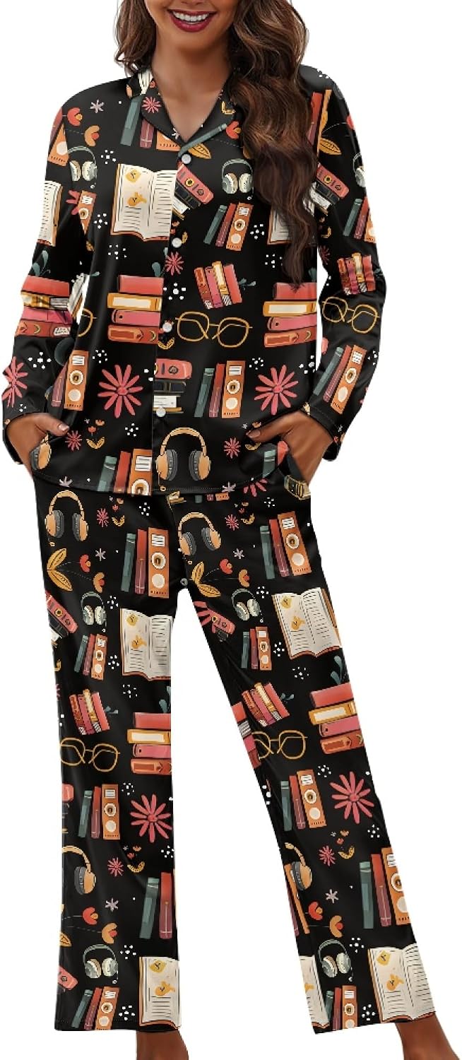 Amzbeauty Pajama Set For Women 2 Piece Cute Print Long Sleeve Button Down Nightwear With Long Pjs Pants