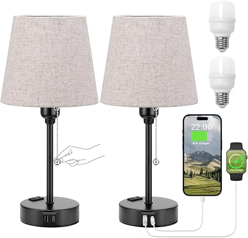 Acaxin Juego de 2 lámparas de noche beige para dormitorios, lámpara de mesa de noche con 3 modos de color, lámpara pequeña con puerto de carga USB