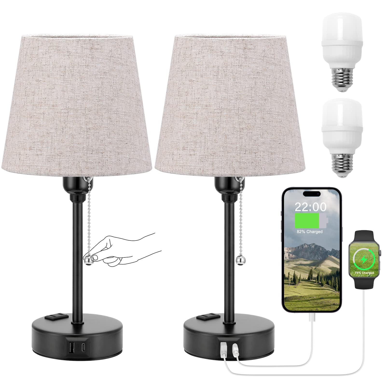Acaxin Beige Bedside Lamps for Bedrooms Set of 2 - Table Nightstand Lamp with 3 Color Modes, Small Lamp with USB C+A Charging Port and AC Outlet, Mini Lamp for Side Table, Mini Bed Side Lamp for Kids
