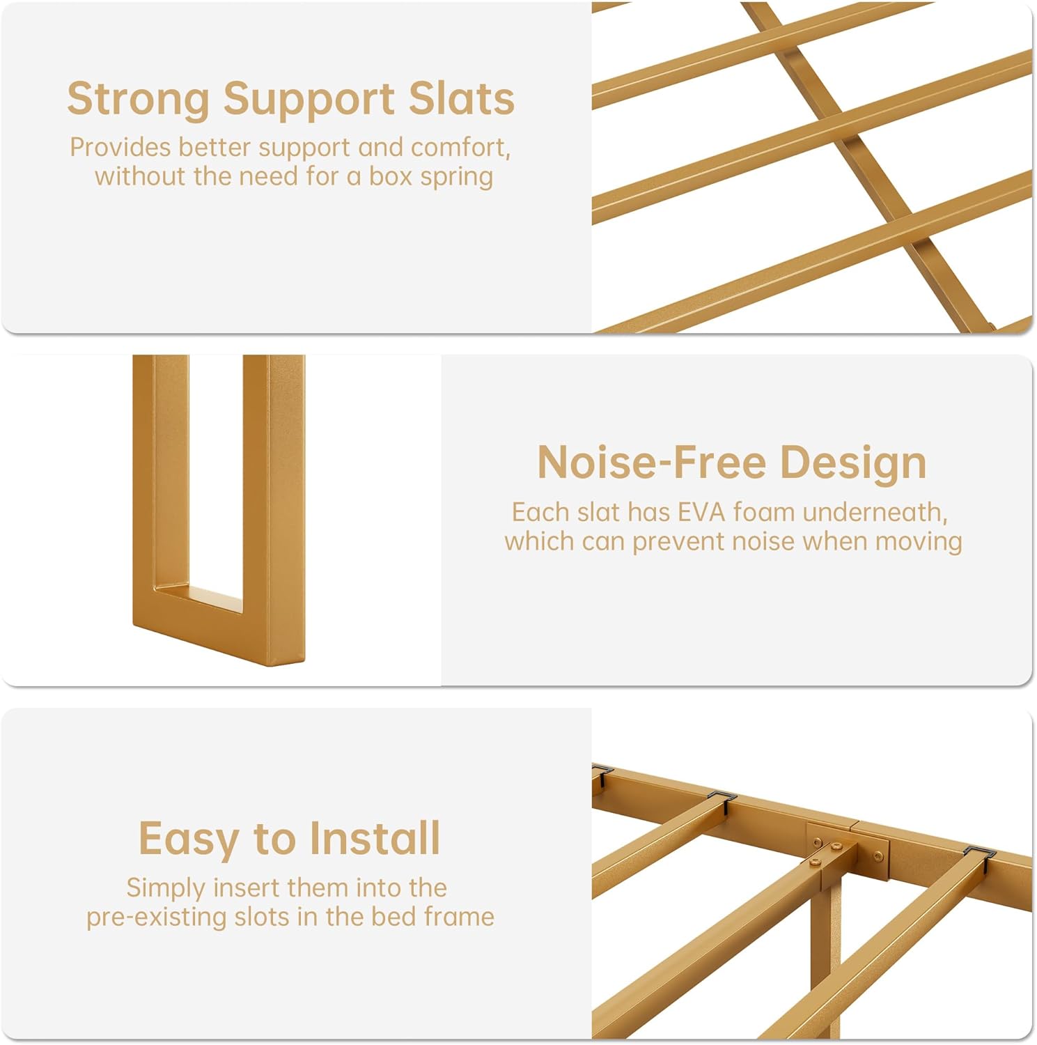 Close-up images showing strong support slats, noise-free design with EVA foam, and easy installation method for slats.