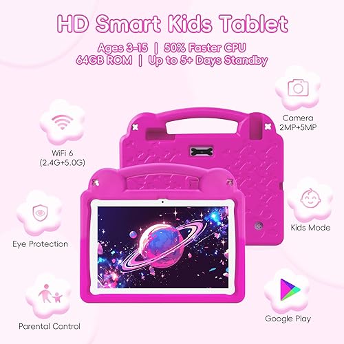 Miniatura 2 de Tablet para niños de 10.1 pulgadas Android 14 Tablet para niños, A523 Octa-Core, 8GB+64GB, batería de 5000mAh con funda de EVA rosa, Wi-Fi 6 (2.4