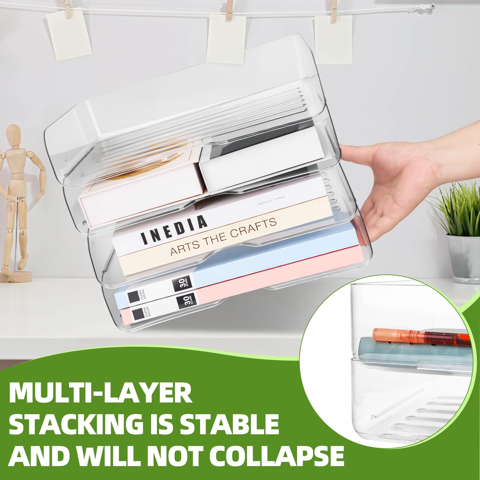 Organizador Escritorio Pet Apilable,Bandeja Apilable de Acrílico,Bandejas Plastico Transparente para Papel,Bandejas Transparentes Oficina para Revistas Documento Recibos Material Oficina