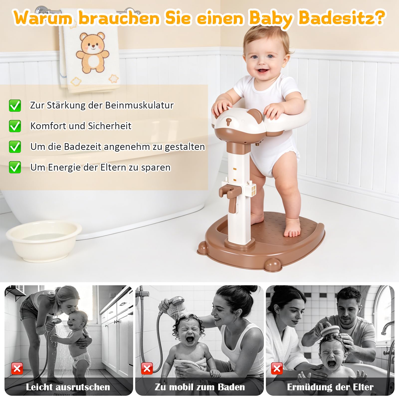 Baby Dusche Ständer Einstellbarer Baby Shower Stand Support mit AntiRutsch-Basis, Anehmbarem Sitz, Duschständer Kind, Anstelle eines Badewannensitzes baby zum Baden, Windelwechseln (Braun)