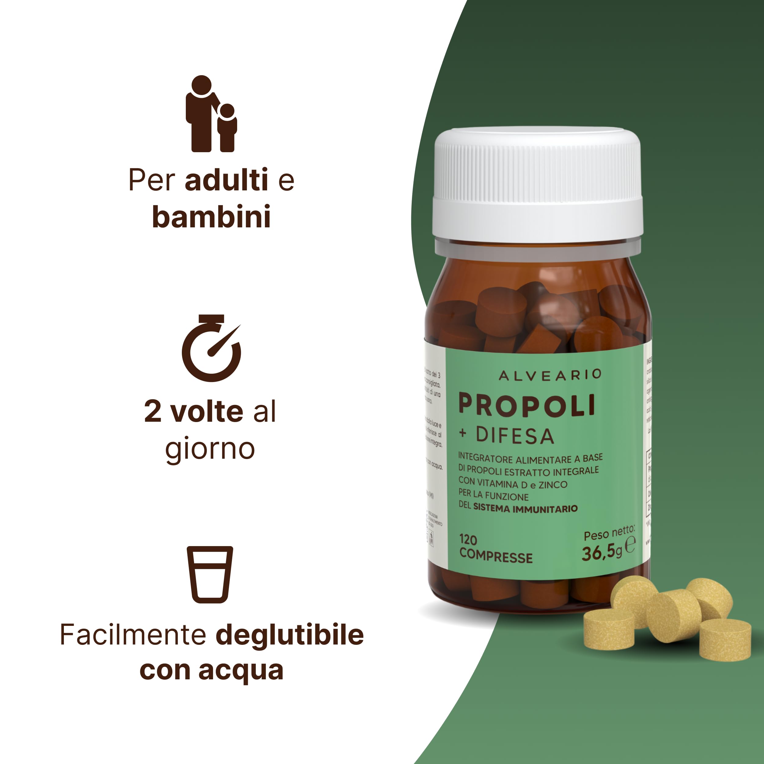 ALVEARIO Propoli + Vitamina D e Zinco | Rafforza Difese immunitarie 120 compresse adulti e bambini | Protegge dal Mal di Gola, Allevia la Stanchezza Fisica e Mentale