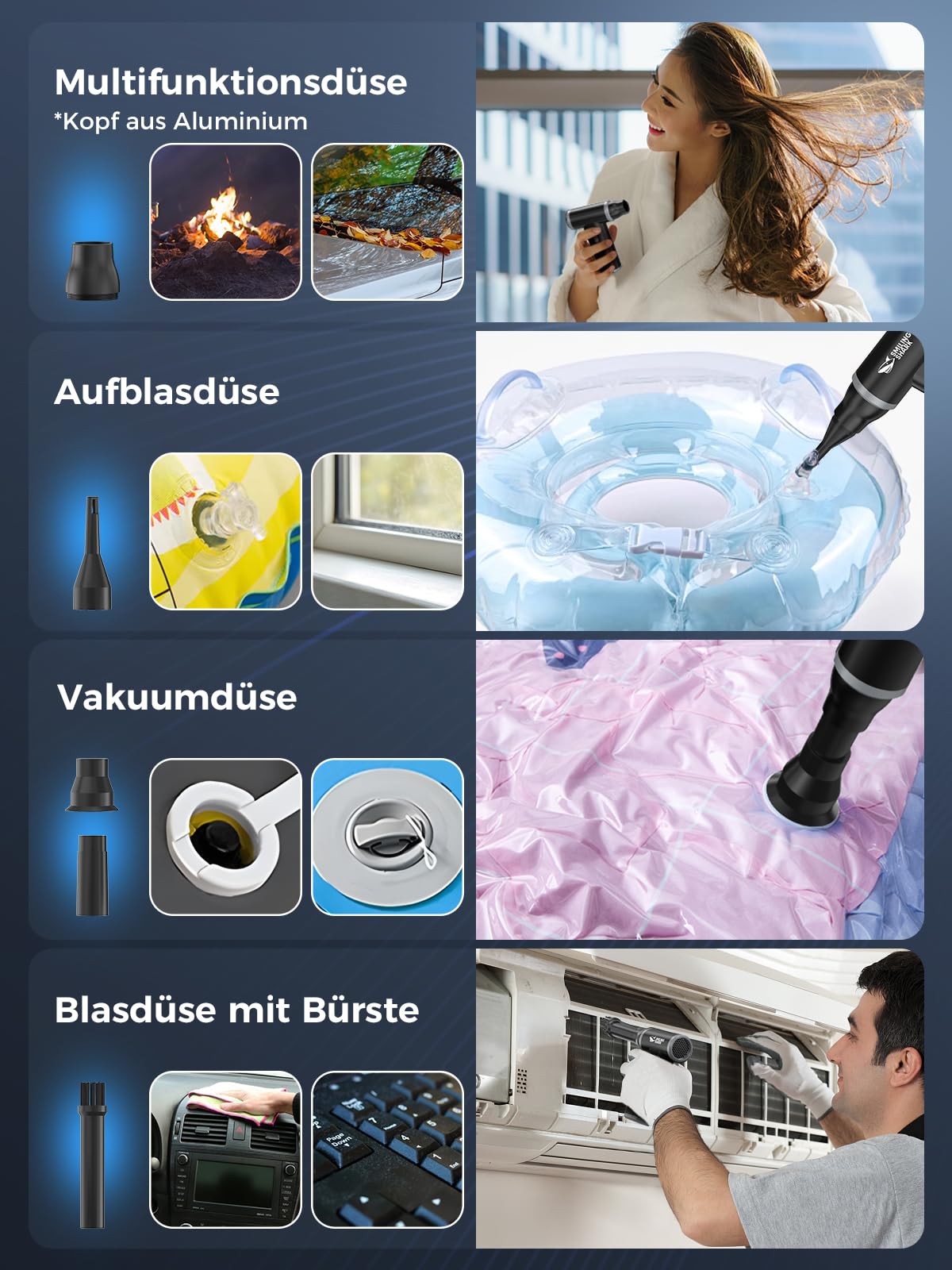 Smiling Shark Elektrische Staubgebläse Luftdruckspray, J01 aus Aluminum 130000 U/min Compressed Air Duster mit Stufenloser Regelung Turbo Handventilator für Kühlung/PC/BBQ/Auto/Camping, Schwarz