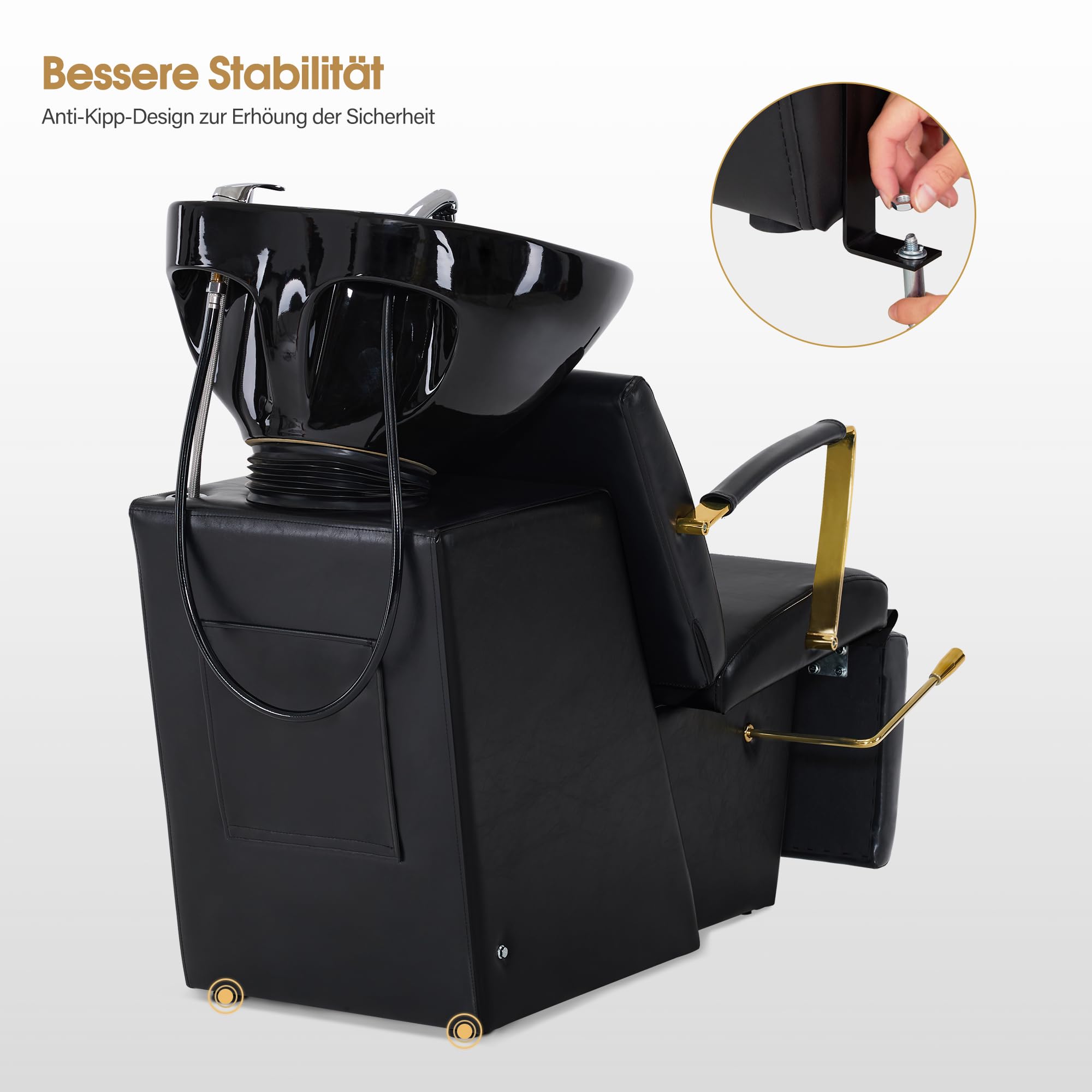 Barberpub Silla de peluquería con lavabo, lavadero de peluquería, lavabo de cerámica ajustable, sillón de peluquería para spa salón, reposapiés plegable, 8670GBK