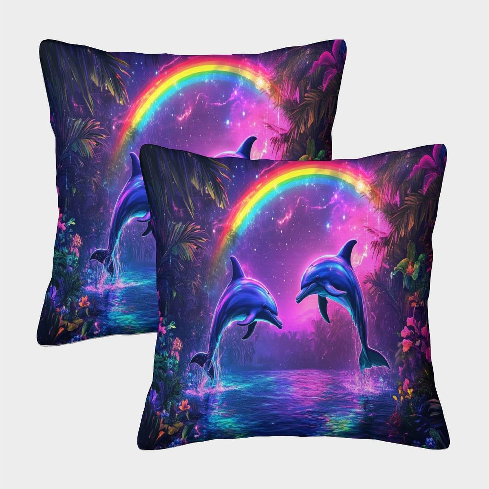 Emyxpaqm Style-5 Cushion Cases Rainbow Dolphin Throw Pillow Cover Polyester Set Of 2 Square Decorative For Livingroom, Couch, Sofa 45X45cm