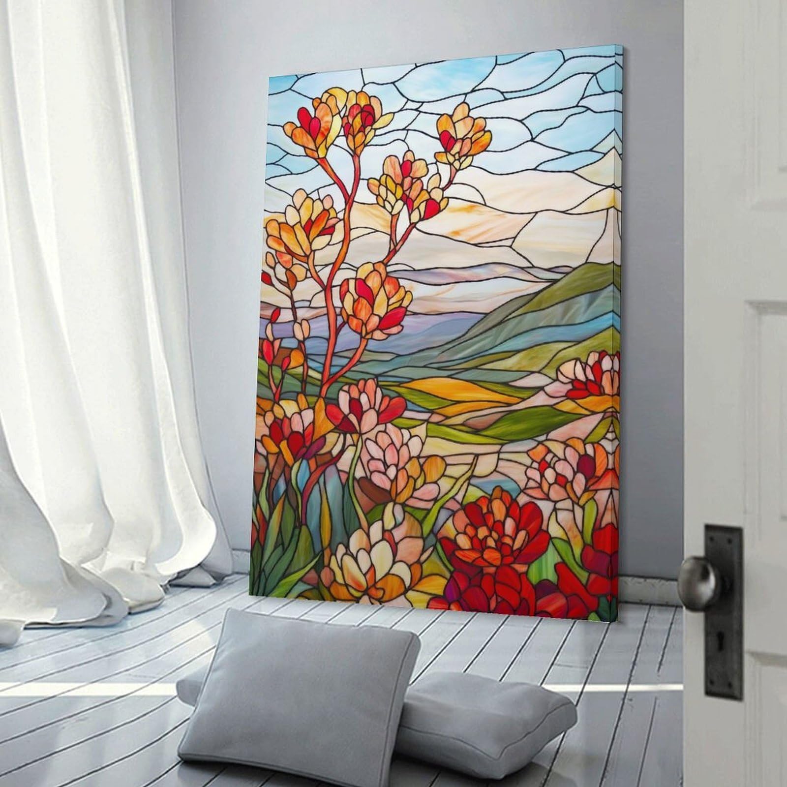 Junmoney Canvas Art Print Stained Glass Landscape, 16x24inch(40x60cm), for Office, Study Or Home Workspace, Home Office Artwork with Decorative Appeal