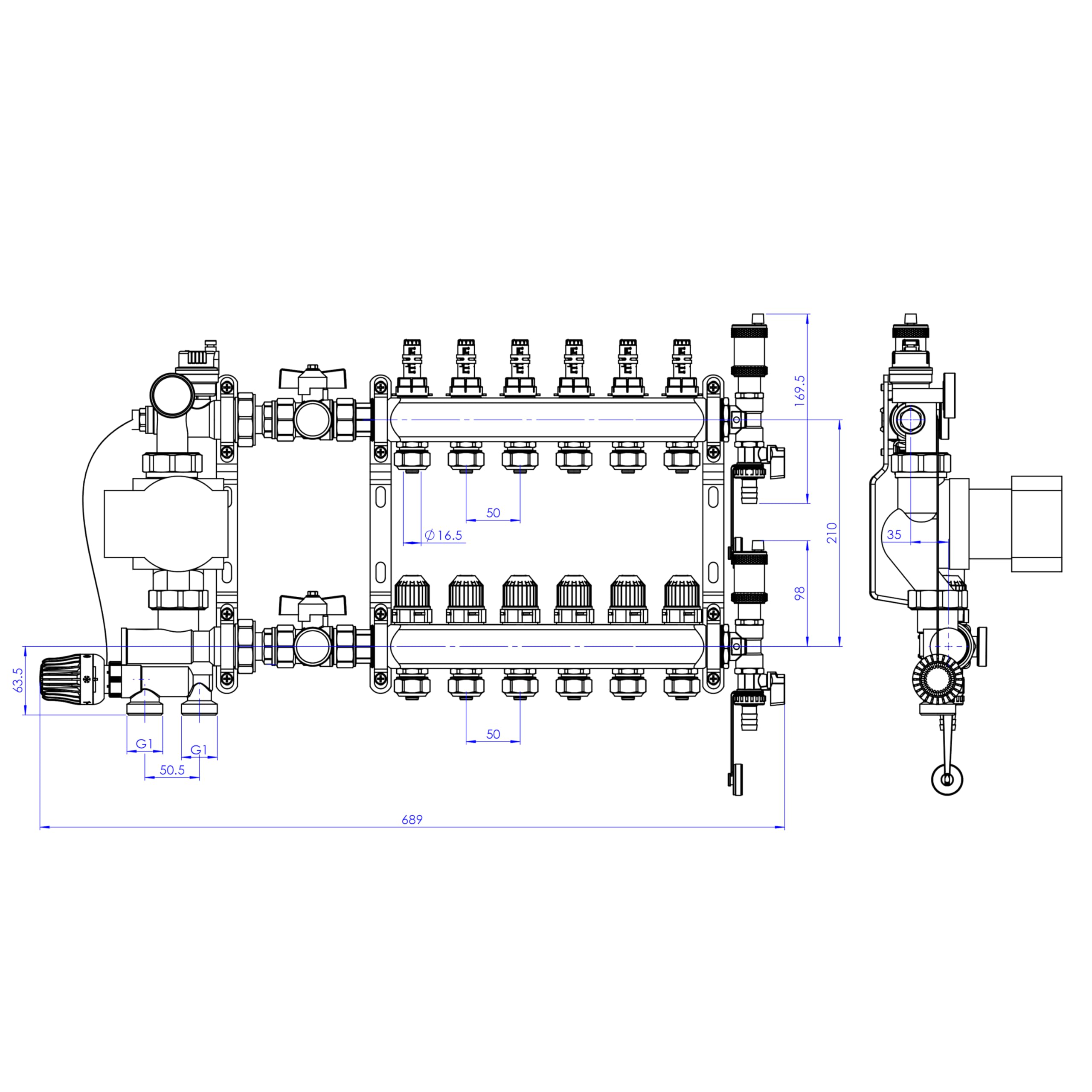 ENVIRON- Heizkreisverteiler [2-12 Heizkreise] mit Festwertregelset, Kugelhahn Set und Schnellentlüfter Set | Hocheffizienzpumpe (Wilo Para 25/6, 6 Heizkreise)