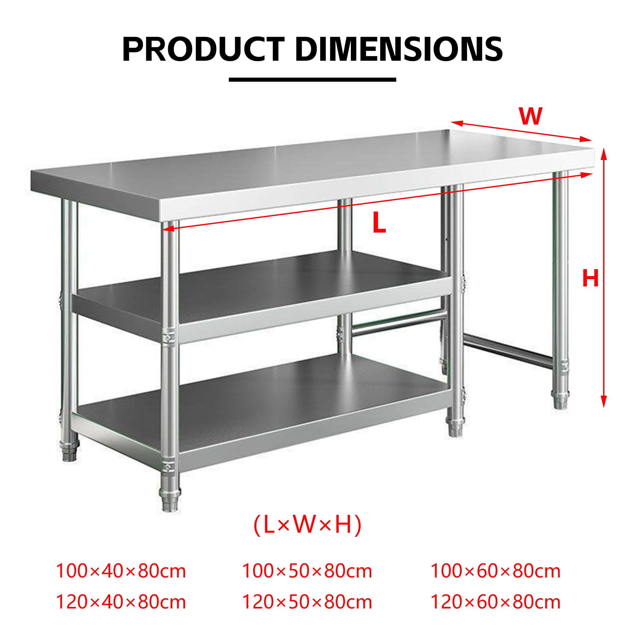 Tavolo Da Lavoro in Acciaio Inox, Tavolo Da Preparazione Commerciale A 3 Ripiani Con Ripiani Regolabili, Scaffali Acciaio Inox Banco Da Cucina Acciaio Per Cucina, Ristorante,Garage,120x50x80cm
