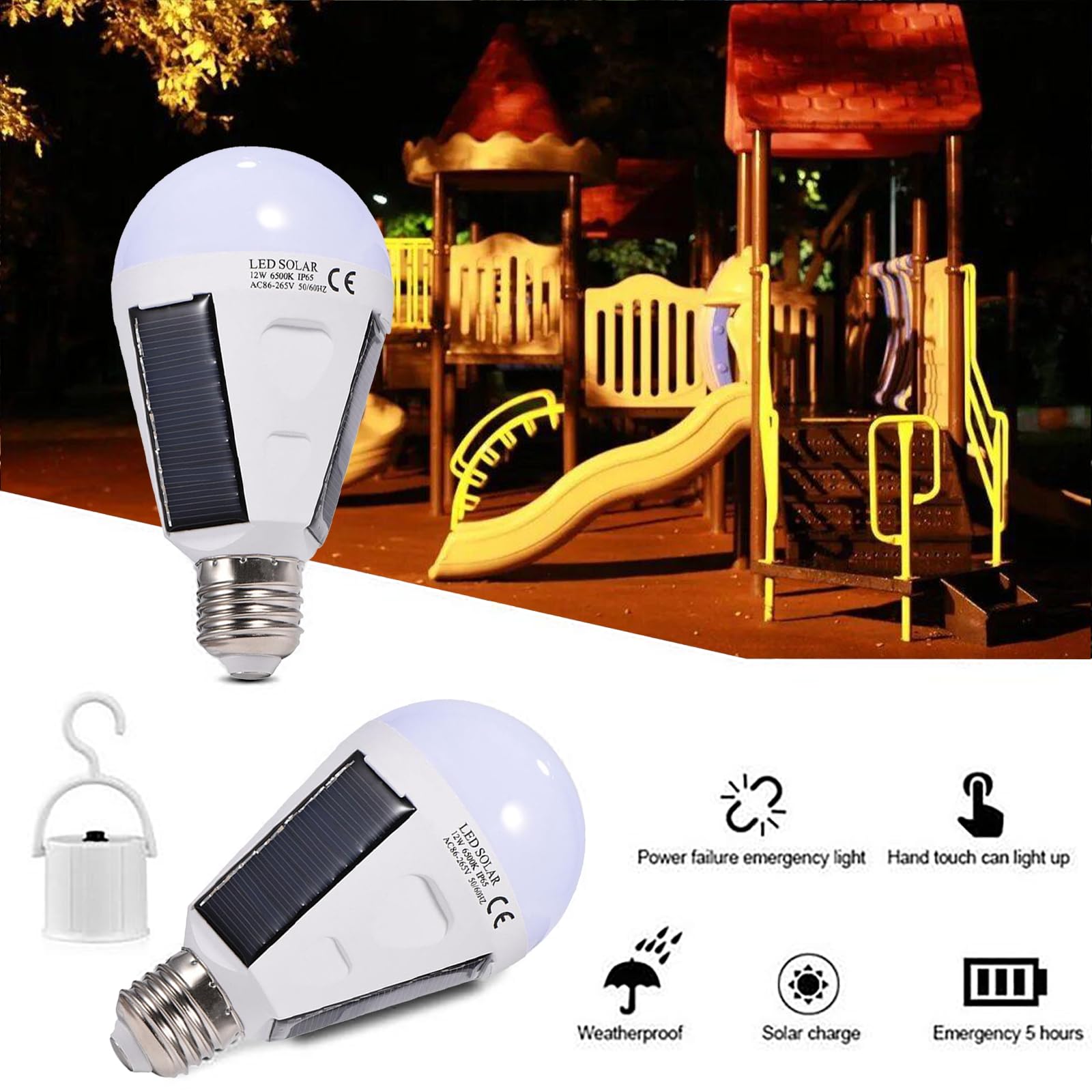 OUKENS Bombilla LED solar, E27 Panel solar portátil Bombilla LED IP65 Impermeable Interior/exterior Senderismo Camping Lámpara de emergencia recargable(12W)