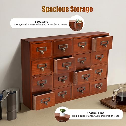 Miniatura 7 de Organizador de cajones de escritorio tradicional para catálogo de tarjetas, caja de almacenamiento de madera con 16 cajones, organizador