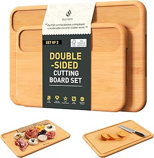 2 Packs Natural Wood Cutting Board Set Non Toxic Bamboo Cutting Boards with Juice Groove Wooden Chopping Board Ideal Charcuterie for Meat Fruit Vegetables Cheese Hardwood Kitchen Counter Kit