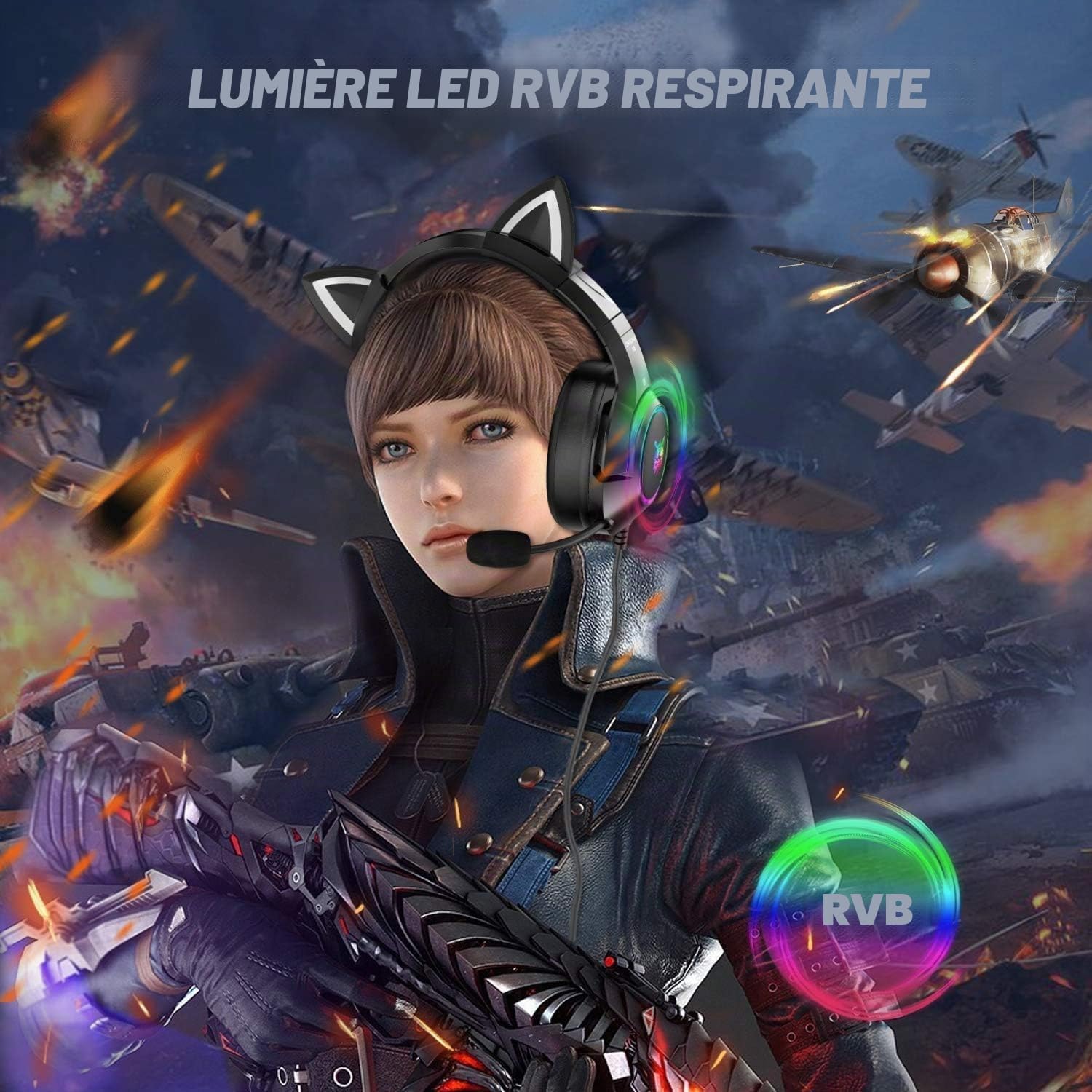 PHNIXGAM Casque de jeu pour PS4, PS5, Xbox One X/S (sans adaptateur), casque 3,5 mm avec oreilles de chat amovibles, microphone antibruit, RVB, son surround pour PC, téléphone portable (noir)