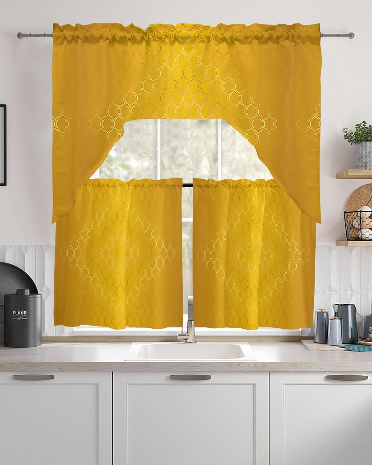 Geometric Swag Kitchen Curtain Sets with Valance, 3 Pieces Rod Pocket Curtain Drapes for Bedroom Living Room Bathroom Cafe Windows, Modern Minimalist Abstract Lattice 56''x36'' & 24''x27.5''x2Panels