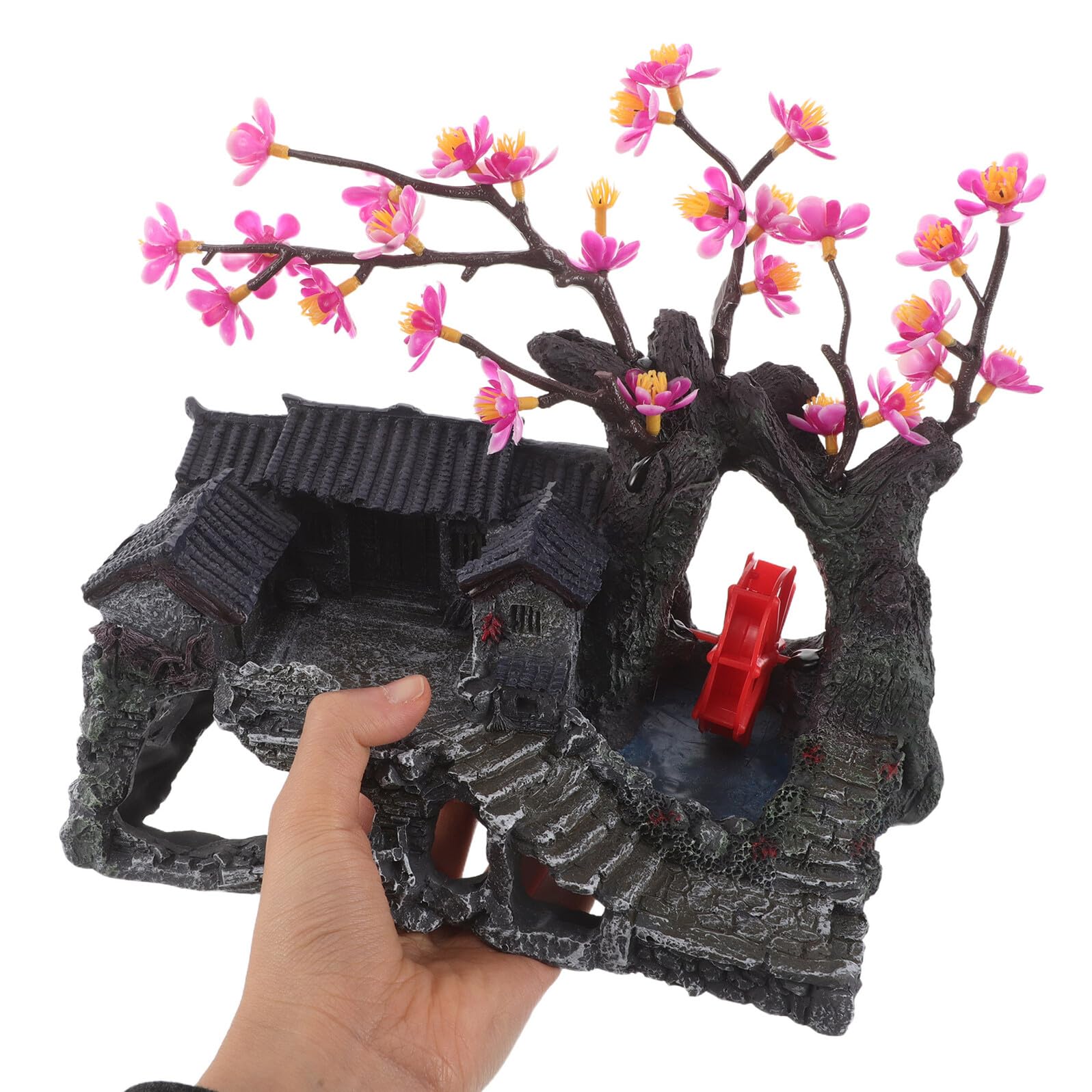 COLLBATH Realistyczna Dekoracja Do Akwarium z Żywicy Miniaturowy Domek i Skały Naturalny Krajobraz Podwodny Ozdoba Do Akwarium Bezobsługowa Imitacja Górskiego Pejzażu z Drzewem Plumeria