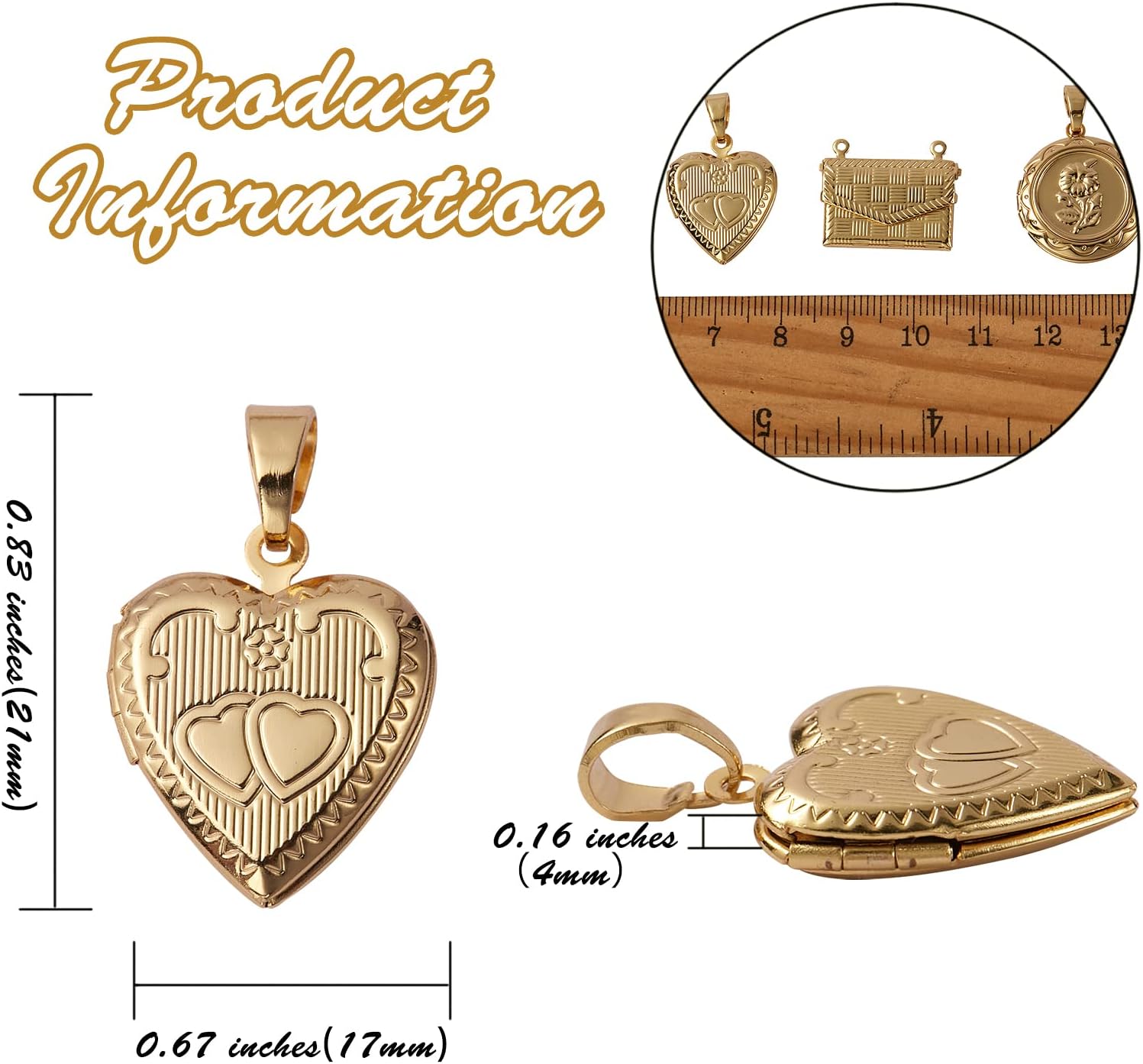 5 Pcs 5 Styles Brass Locket Pendants Photo Frame Charm for Necklace Heart Photo Frame Charm Pendants for DIY Memorial Necklace Making - Image 2