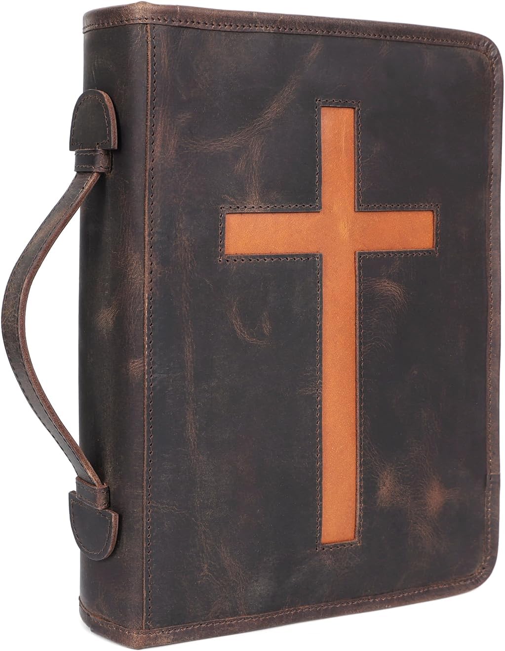 ELIZO Leather Bible Cover Bible Case for Men Women Genuine Leather Bible Bag Holder Cross Large Carrying with Zipper Case Protector Christian Religious Gifts for Mens Pioneer Study