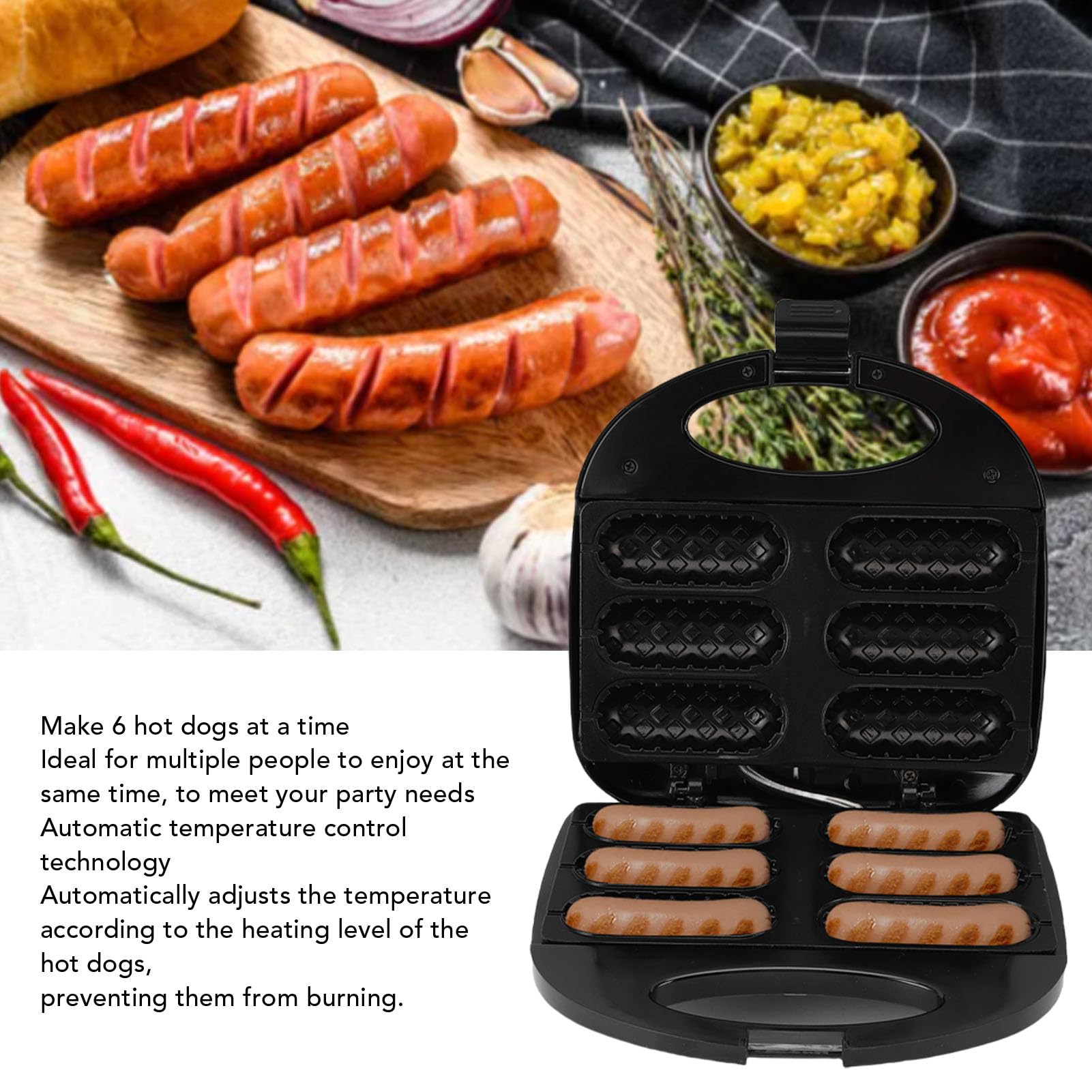 Corn Dog Maker Machine, Schnelle Heizung 6 Hotdog -Kapazitätskapazität Auto -Temperaturkontrolle, Ideal für Versammlungen, Genießen Sie Leckere Leckereien mit (EU -Stecker 220 V)