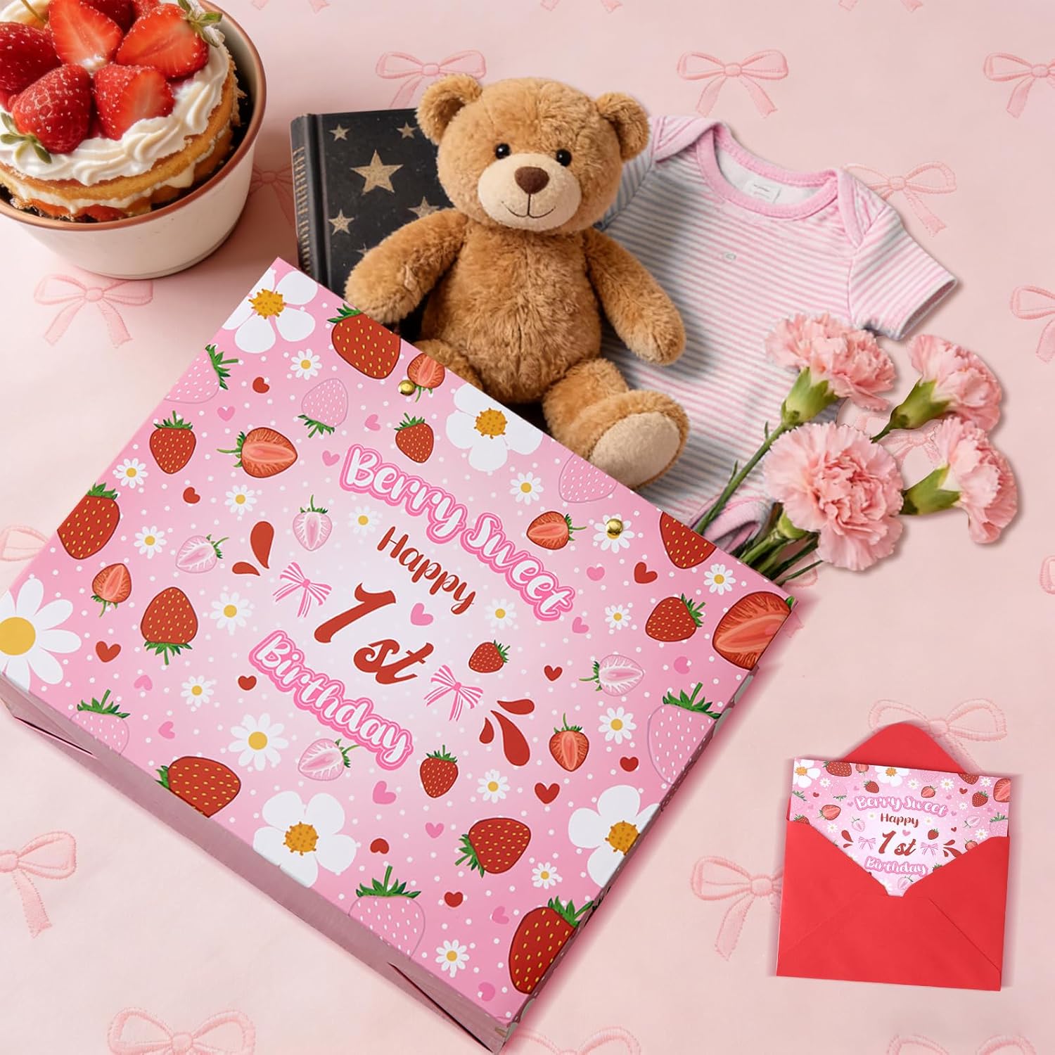 Lednica Strawberry 1st Birthday Gift Bag for Baby Girls, Sweet One Flower Bags Pink Berry First Favor Bag with Tissue Paper, Envelop and Greeting Card, Cute Bow Party Decor Supplies, 11.8"x9.5"x5.3" - Image 7