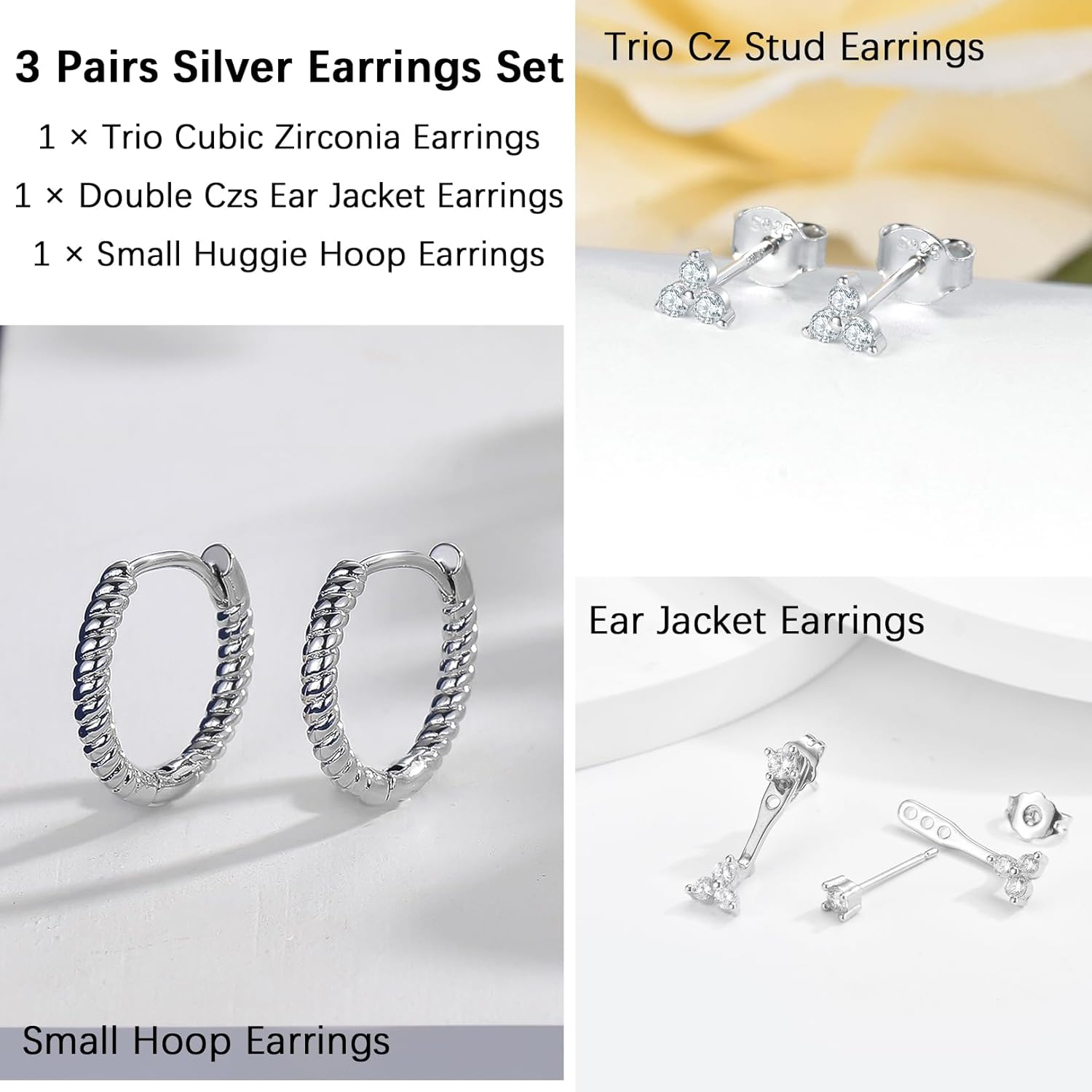 CERSLIMO Silver Stud Earrings Set for Women, 3 Pairs White Gold Plated Cartilage Earrings Sets for Multiple Piercings, Hypoallergenic Huggie Hoop Jacket Studs Cubic Zirconia Jewelry Gifts - Image 3