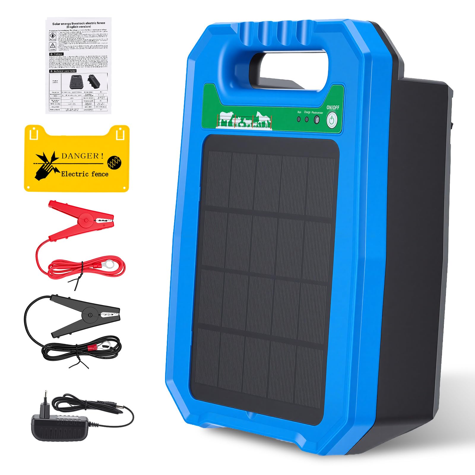 Pastor Eléctrico Solar 5KM, 0,2J Salida 8kV Impulso, Pastor Eléctrico con Panel Solar y Batería, IP55 Impermeable, Protección 24/7 para Ganado, Caballos, Aves de Corral