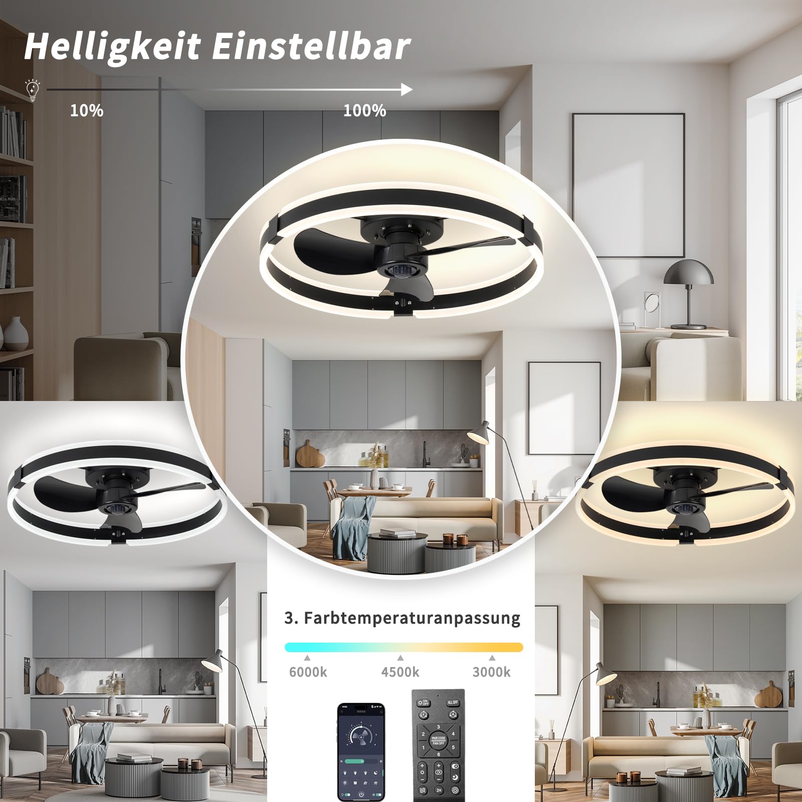 Deckenventilator Mit Beleuchtung,50cm lampe mit ventilator Und Fernbedienung,50W,4000Lm LED Dimmbare deckenleuchte mit ventilator,DC,Timer, Deckenlampe Mit Ventilator Für Schlafzimmer Wohnzimmer