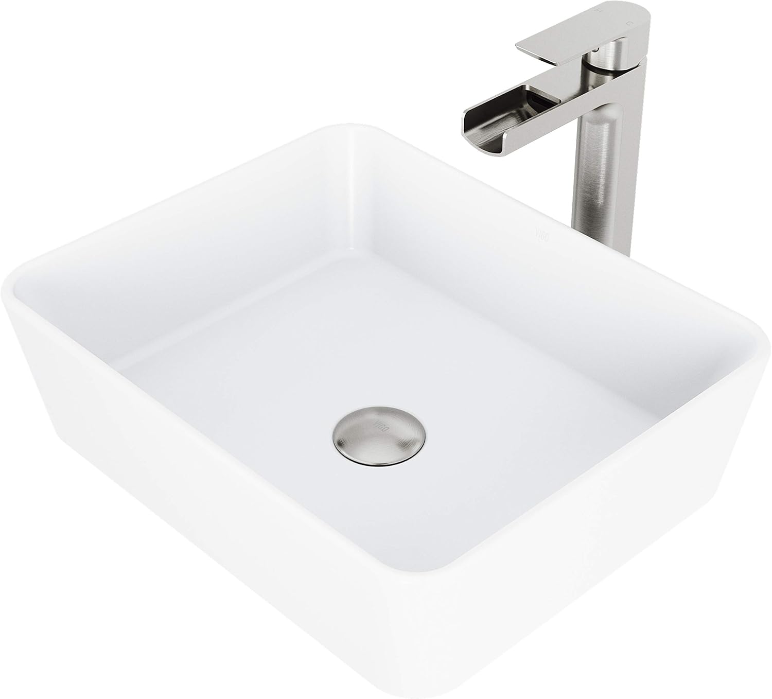 VIGO 18" L -14" W -10" H Marigold Matte Stone Rectangular Vessel Sink Set in White with Faucet and Drain -VGT940