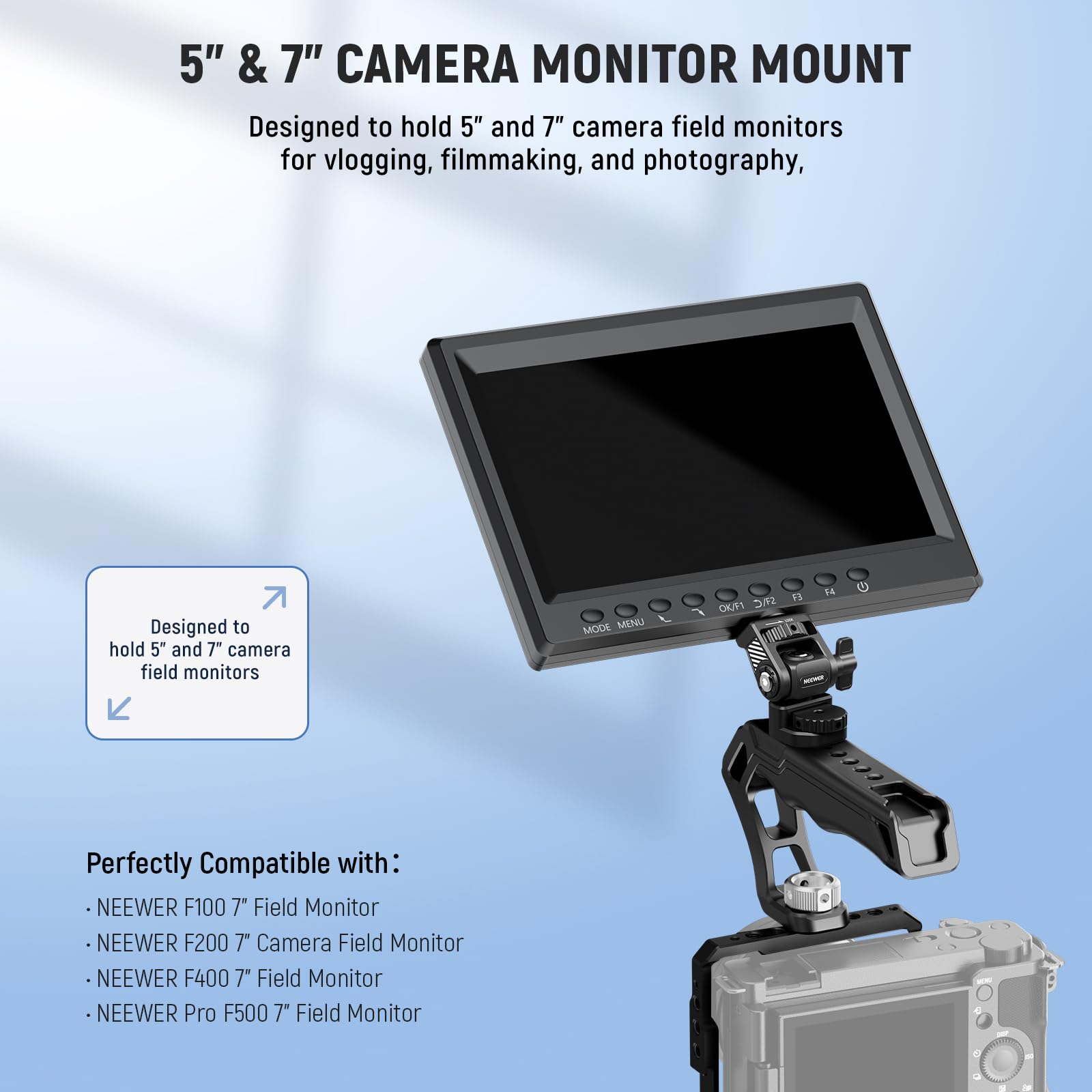 NEEWER Field Monitor Mount Monitor Holder with 1/4" Screw, 360° Swivel, 180° Tilt - Image 2